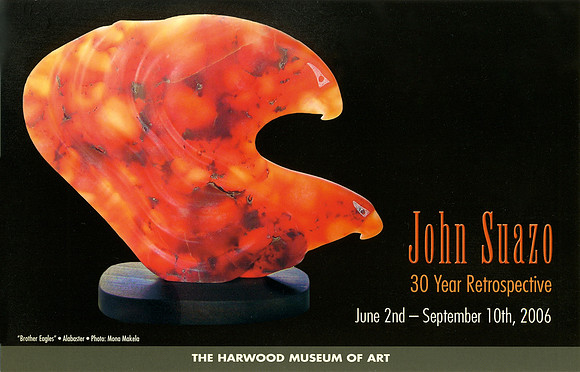 Image of John Suazo's work on the invitation, poster and catalog cover for his 30 year retrospective