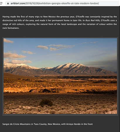 Taos Mountains by Mona Makela in Art Blart advertising the Georgia O'Keeffe exhibit in 2016.
