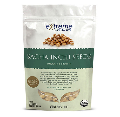 Photo of sacha inchi seeds by Mona Makela on Extreme Health USA retail packaging