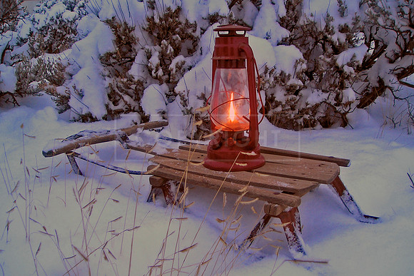 An oil lamp on a sled by snowy sagebrush... 5 x 7 greeting card